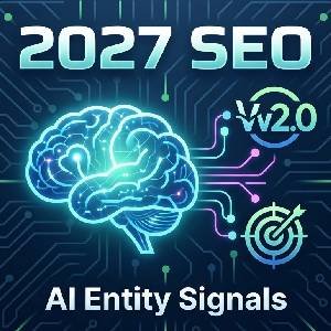A square SEO infographic icon visualizing a digital brain connected to a Web 2.0 logo, representing AI entity trust signals for 2027 rankings.