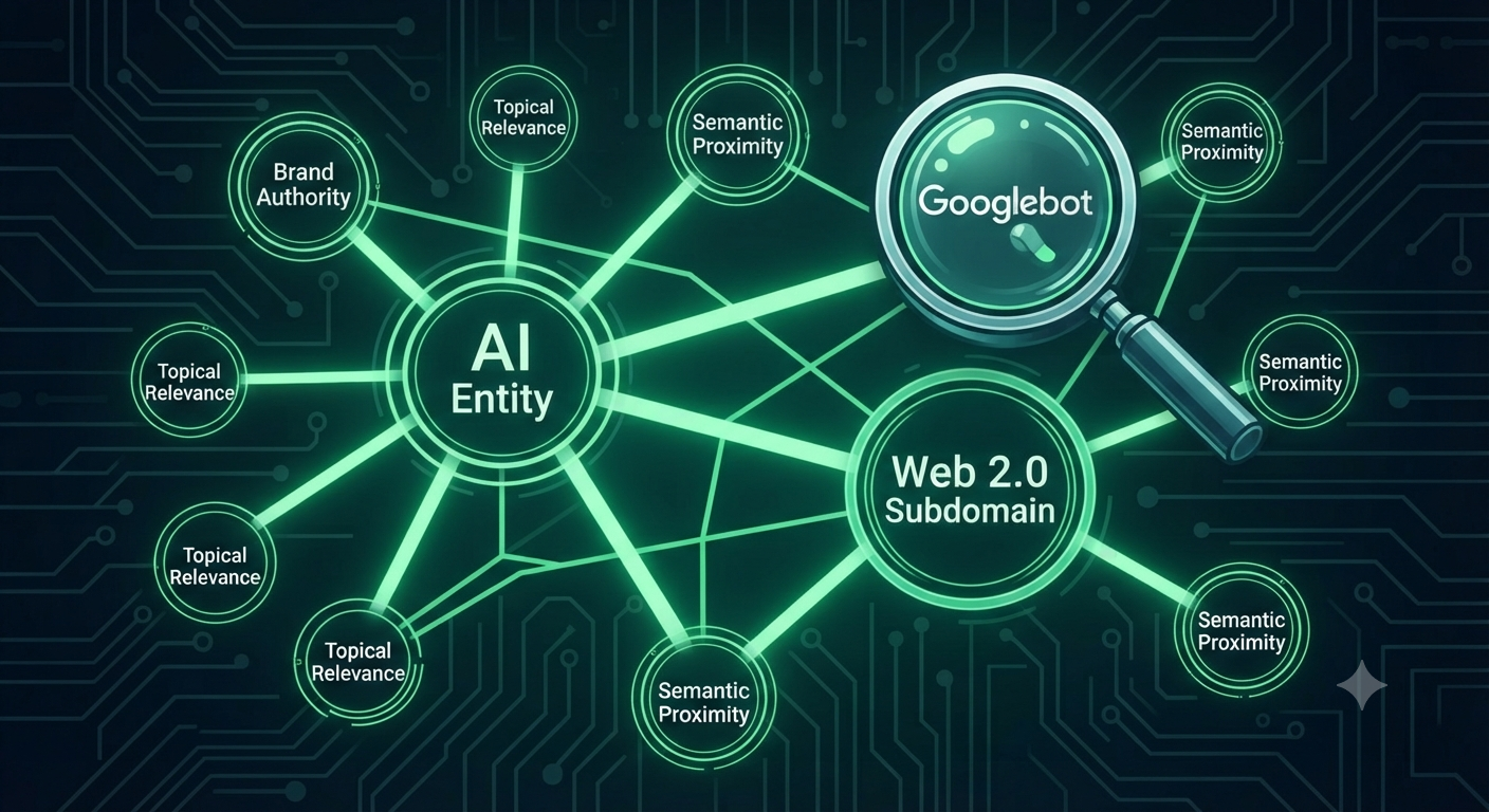 A conceptual illustration showing Googlebot analyzing a digital network where AI entities connect Web 2.0 subdomains to brand authority.