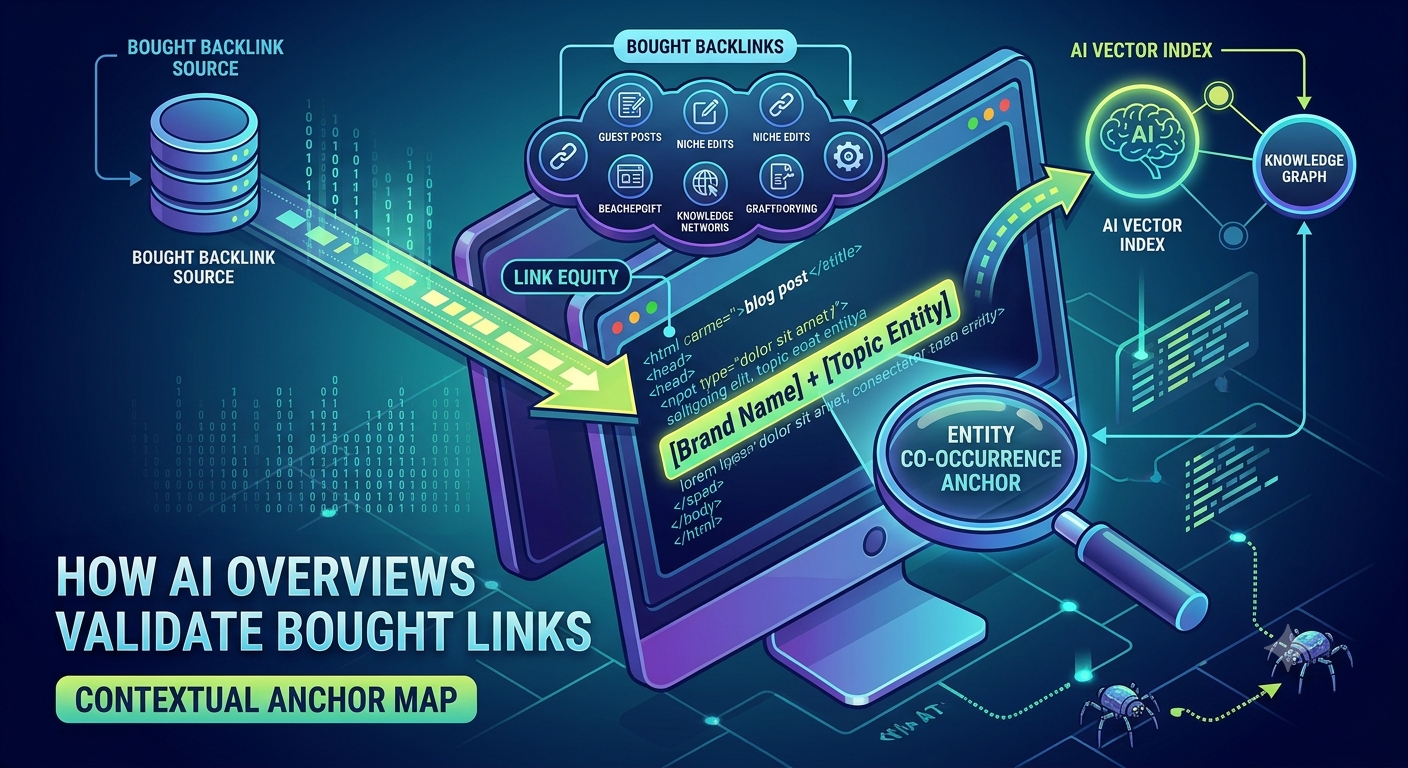 Visual guide demonstrating how Google's AI model validates bought backlinks using contextual entity anchor text.