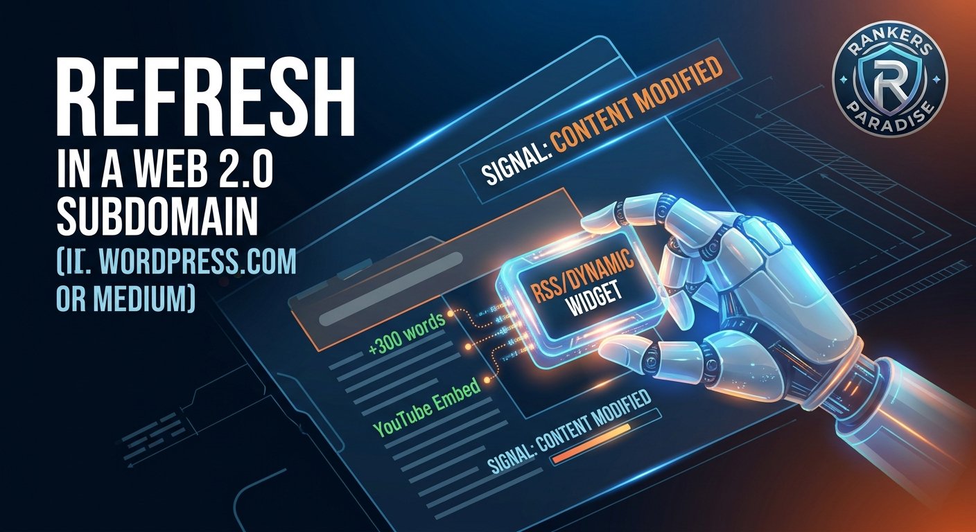 An infographic focusing on content freshness by injecting dynamic widgets and text into a free blog, optimizing the anchor text profiles of Web 2.0 backlinks.