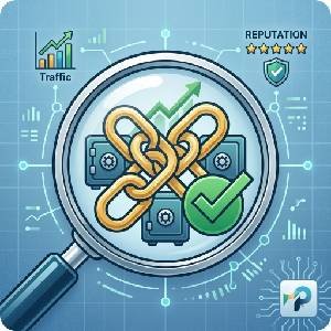A 300x300 featured image showing a magnifying glass analyzing interlocking gold chains and rising traffic charts, representing the vetting process for buying backlinks from an agency.
