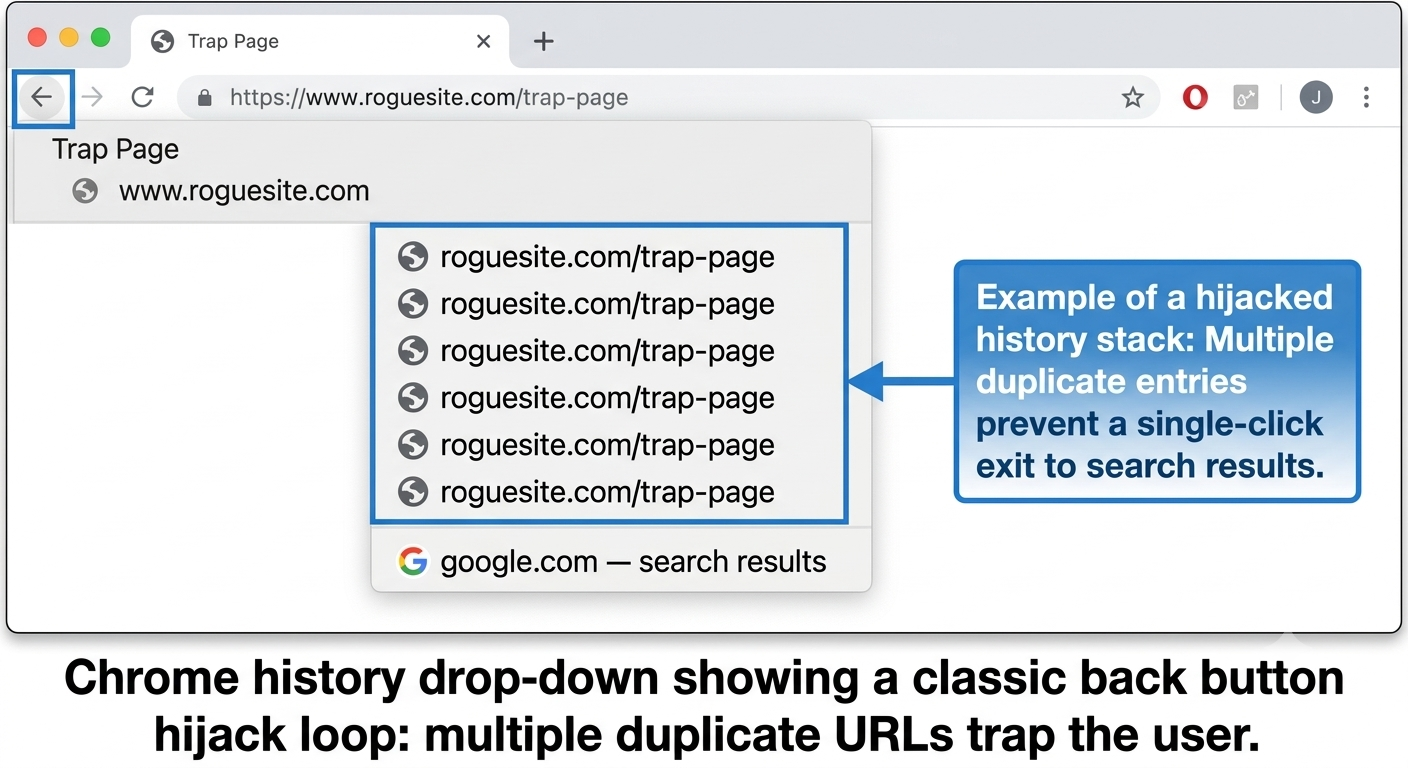 A screenshot of a Google Chrome browser showing the back button history menu filled with multiple identical URL entries, illustrating a back button hijack loop.