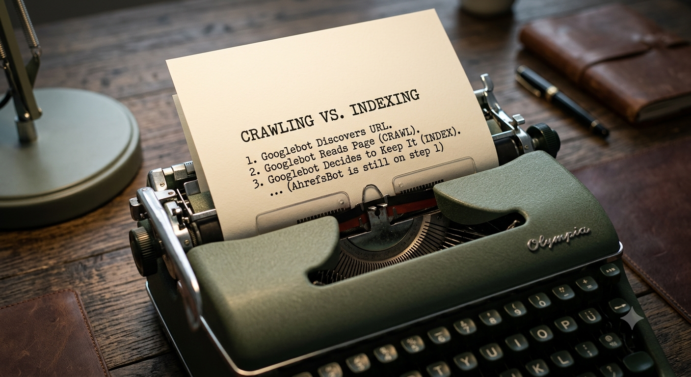 A vintage typewriter on a dark wood desk holding cream cardstock, displaying typed text defining the three steps of Crawling vs. Indexing.