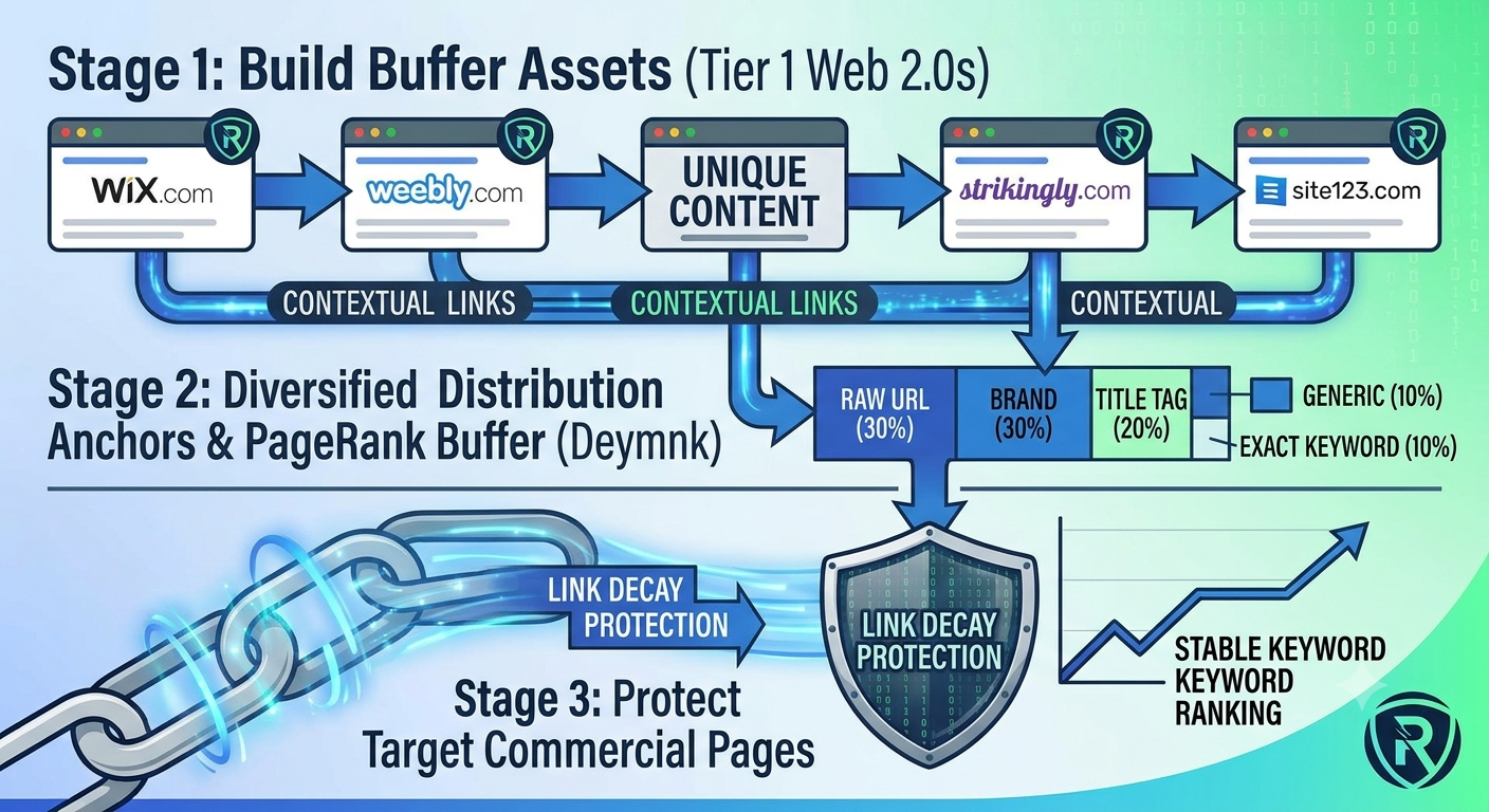 A three-stage SEO infographic for Rankers Paradise illustrating the backlink mitigation strategy using Tier 1 Web 2.0 assets and diversified anchors to protect rankings.