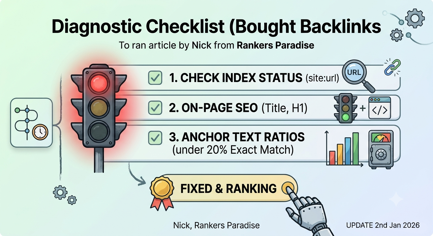 A 300x300 square diagnostic checklist icon showing red traffic lights, a magnifying glass on a URL, a code tag, and anchor text ratios for troubleshooting backlinks.