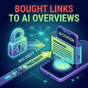 Square 300x300 featured image icon illustrating passing link equity from bought backlinks into AI Overviews and securing an AI citation.