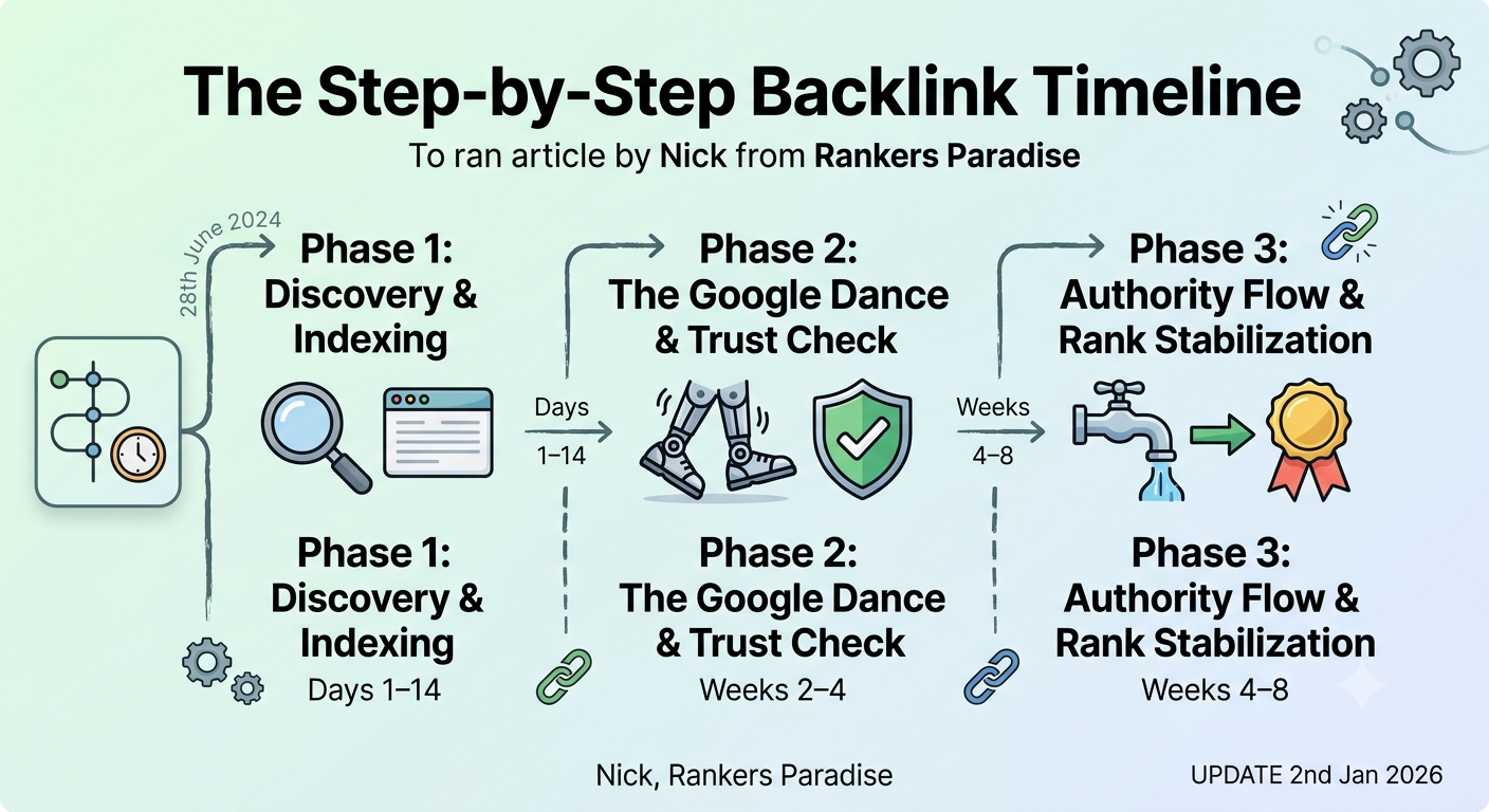 An infographic diagram showing the three phases of backlink activation: Indexing (Days 1–14), Google Dance (Weeks 2–4), and Rank Stabilization (Weeks 4–8).