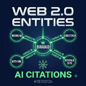 A square 300x300 featured image thumbnail displaying a glowing "BRAND" node connected to verified "Medium," "Substack," and "Google Site" nodes, with text reading "Web 2.0 Entities" and "AI Citations."