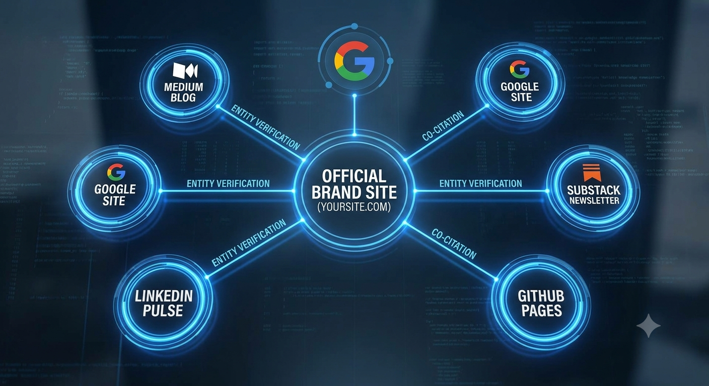 A diagram showing a central "Official Brand Site" connected securely to Medium, Google Sites, and Substack nodes via "Entity Verification" and "Co-Citation" lines, illustrating a modern Web 2.0 entity ecosystem.