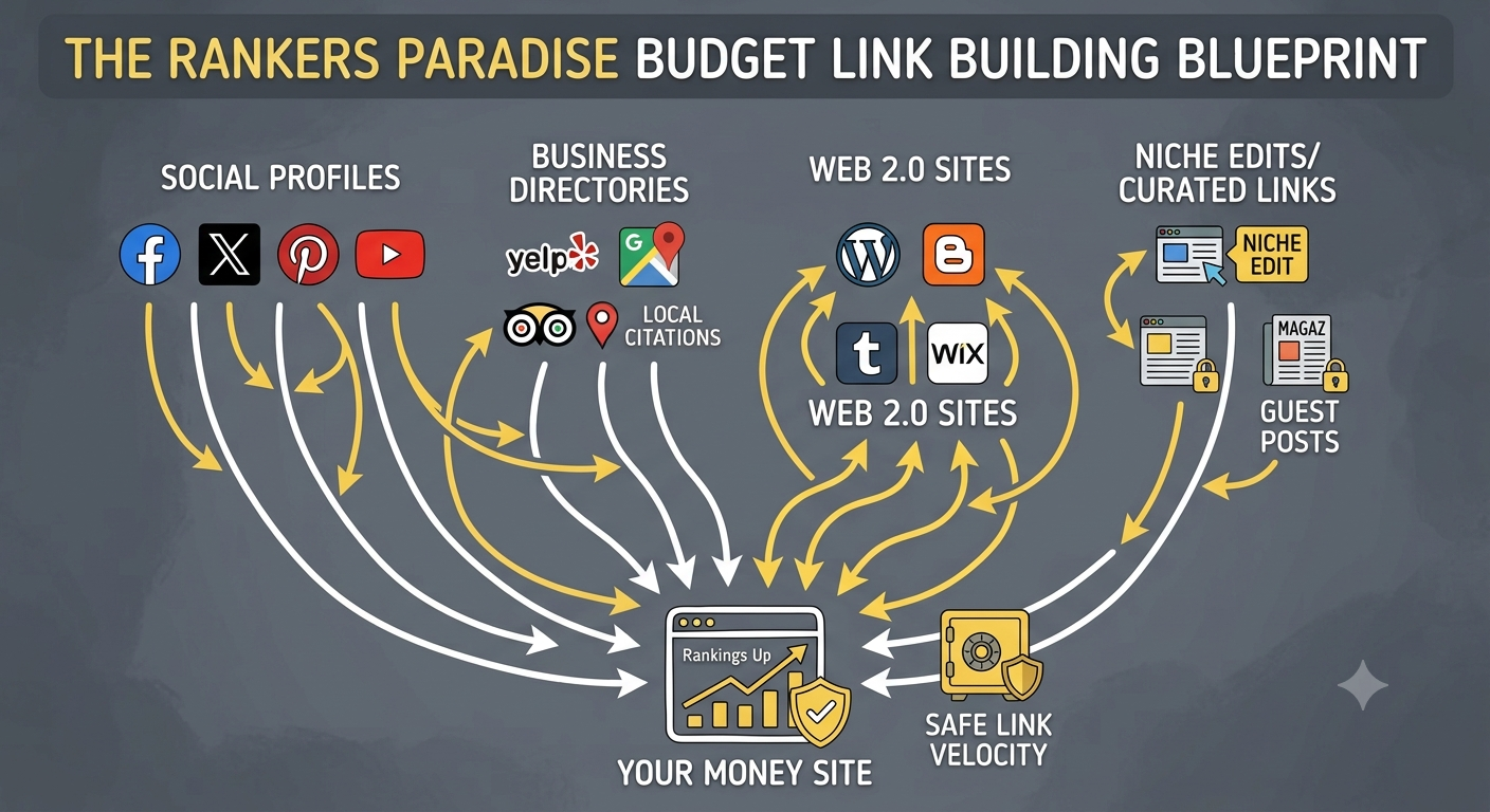 A strategic diagram illustrating how a main website (Money Site) receives a steady flow of foundational links from diverse sources (Social Profiles, Directories) and controlled contextual links (Web 2.0s, Niche Edits).
