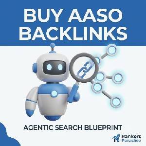 A 300x300 square featured image showing a simplified AI agent analyzing web nodes with text reading 'BUY AASO BACKLINKS' and the Rankers Paradise logo.