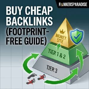 A square featured image for Rankers Paradise blog, showing a stylized, safe tiered link pyramid with a gold peak labeled 'MONEY SITE' and a large headline: BUY CHEAP BACKLINKS (FOOTPRINT-FREE GUIDE).