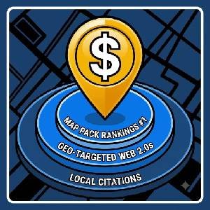 A square stylized graphic (Rankers Paradise blue and black) showing a gold location map pin with a dollar sign embedded, representing localized paid backlinks. Below it, concentric circles label 'MAP PACK RANKINGS #1', 'WEB 2.0s', and 'CITATIONS'.