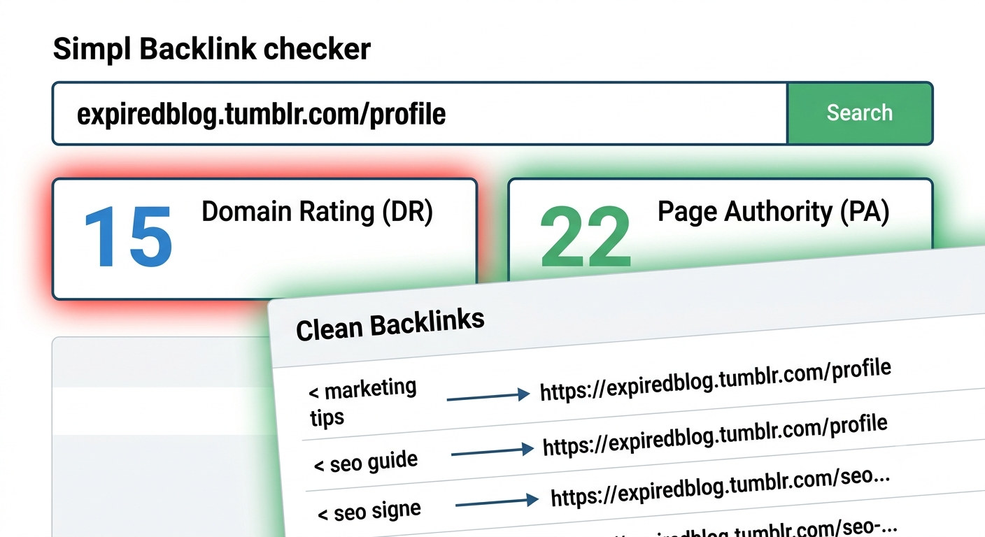 An interface screenshot of an SEO tool showing the Domain Rating (DR) and Page Authority (PA) of an expired subdomain with its clean backlink list.