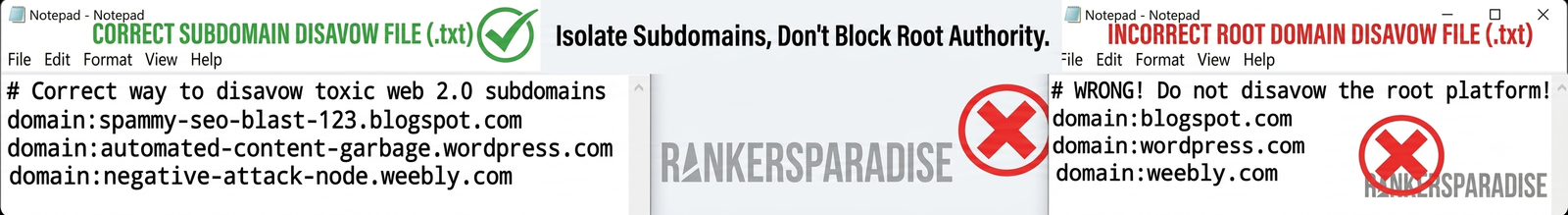 correct subdomain disavow text file format for web 2 0 sites rankers paradise notepad example