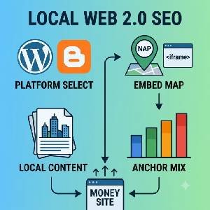 A compact square infographic illustrating the 'Local Web 2.0 SEO Framework,' summarizing platform selection, local optimization, content localization, and link strategy.