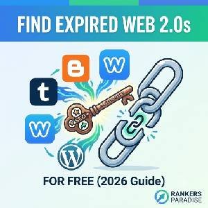 A Rankers Paradise featured blog graphic illustrating 'FIND EXPIRED WEB 2.0s' with major platform logos and a glowing key unlocking authority links.