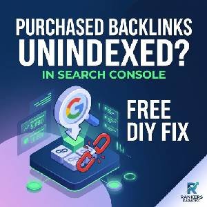 A professional 300x300 square blog featured image with text 'PURCHASED BACKLINKS UNINDEXED? IN SEARCH CONSOLE'. The image features stylized graphics of broken links and the Google Search Console icon, promising a 'FREE DIY FIX'.