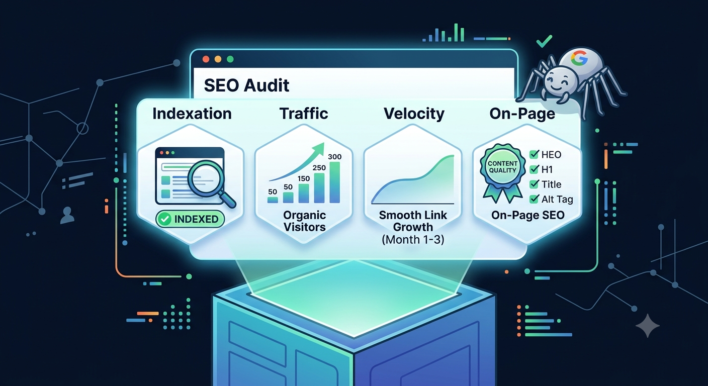An infographic dashboard illustrating a successful SEO audit for a fresh domain. The dashboard features four glowing hexagonal panels: 'Indexation Check' (with a green checkmark), 'Traffic Growth' (showing small organic visitor increases), 'Controlled Velocity' (smooth link growth curve), and 'On-Page Optimization' (with checked items like H1, Title, Alt Tag). A stylized Google bot spider observes with approval.