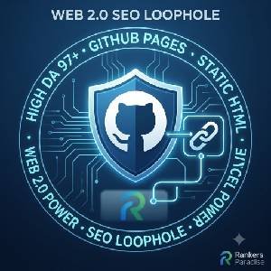 A schematic diagram illustrating how to link GitHub Pages (DA 97) to Rankers Paradise using static HTML for high-authority SEO backlinks.