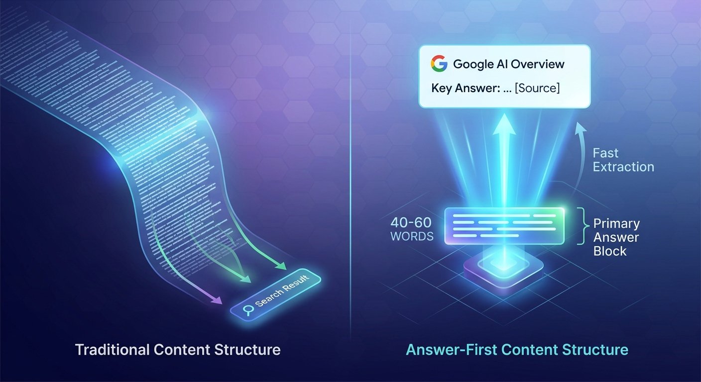 A technical SEO diagram illustrating how a concise 'Answer-First' paragraph (40-60 words) at the top of an article is preferentially indexed and displayed inside a Google AI Overview box, leading to high visibility. The graphic contrasts this 'Direct Answer' approach with traditional, slower information delivery.