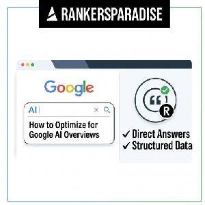 Square featured image for Rankers Paradise, showcasing a illustrated Google interface and checklist focused on 'How to Optimize for Google AI Overviews' (GEO) with integrated brand visuals.