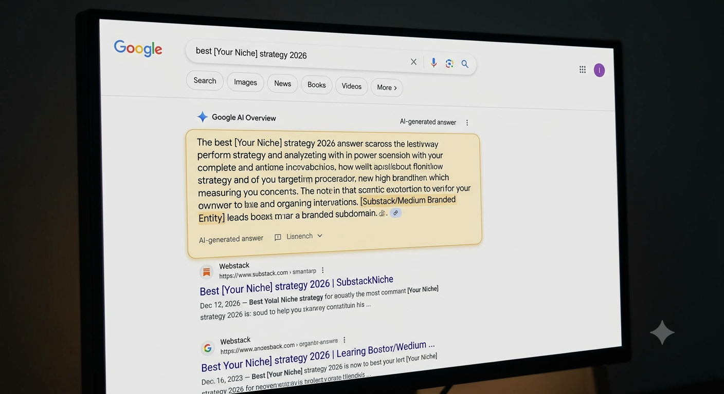 A close-up view of a computer screen displaying a Google AI Overview result. Inside the main text answer, a hyperlinked citation labeled "[Substack/Medium Branded Entity]" is highlighted, demonstrating how branded Web 2.0s are cited by LLMs.