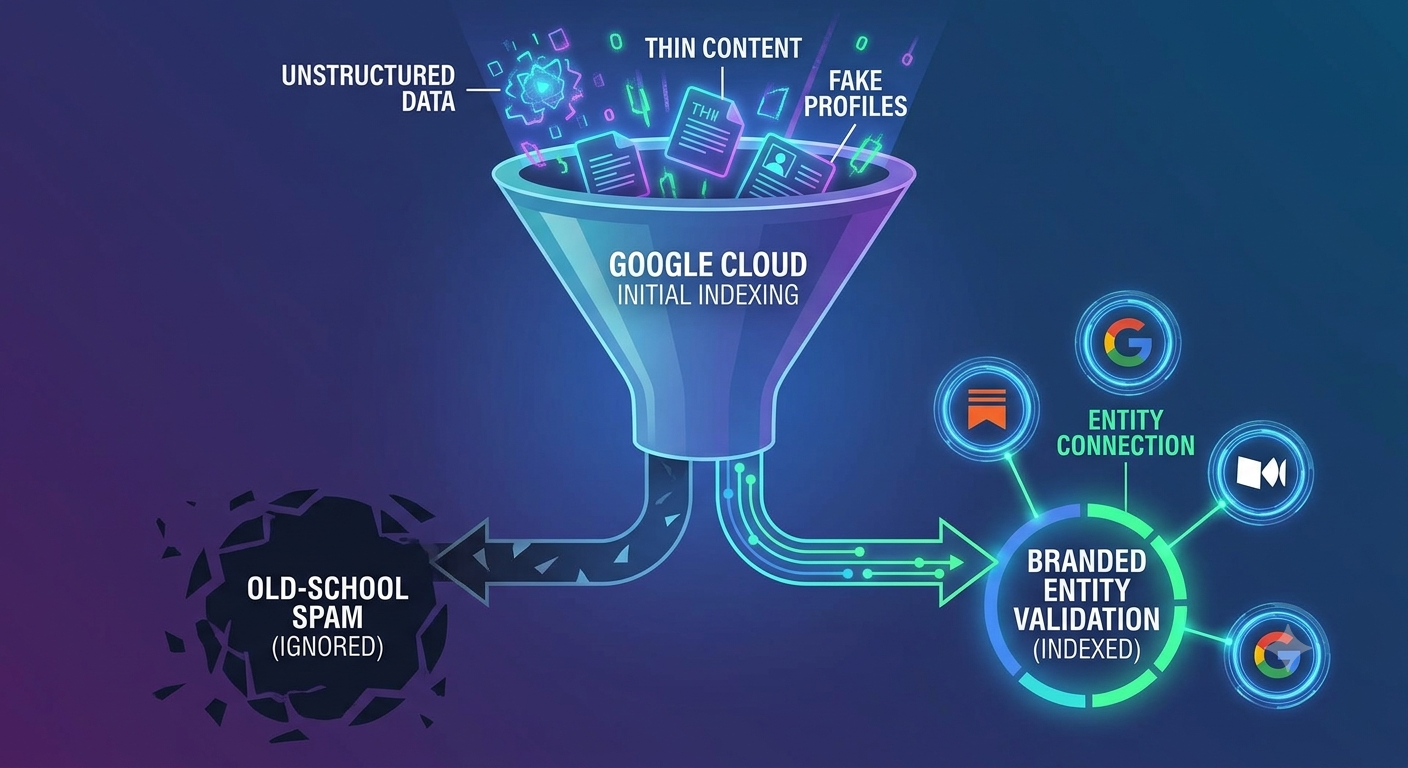 An illustration contrasting a "Google AI Spam Classifier" filtering out a chaotic cluster of generic "Thin Content" and "Fake Profiles," while allowing a clean, interlinked cluster of "Branded Entity Validation" (nodes for Medium, Google Sites, Substack) to pass into the verified index.