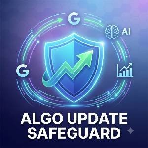 A square featured image illustration featuring a glowing blue shield with an upward growth arrow, surrounded by data rings, AI icons, and the text 'ALGO UPDATE SAFEGUARD' designed to protect SEO rankings.