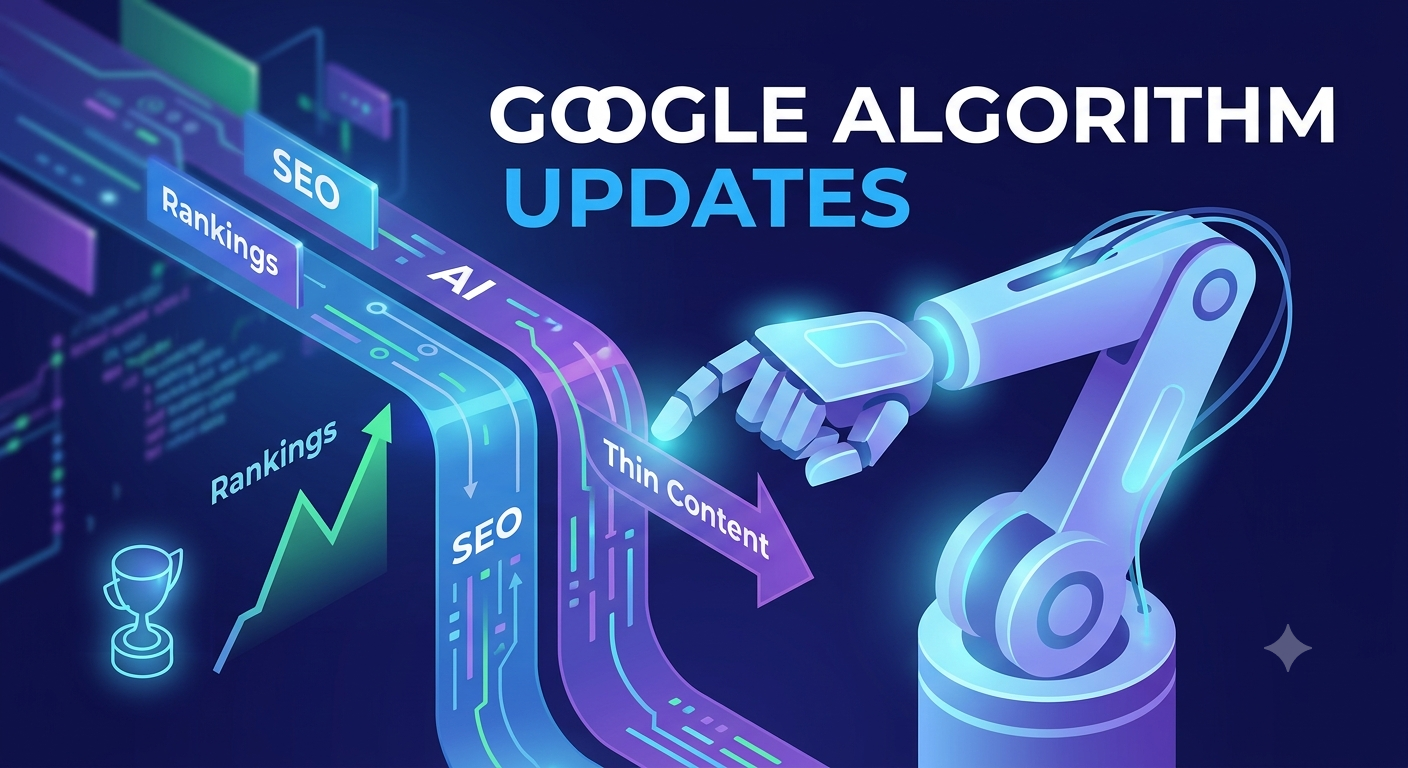 A professional digital illustration showing a futuristic robotic arm interacting with data streams labeled 'Rankings' and 'SEO,' highlighting the impact of AI on search algorithms.