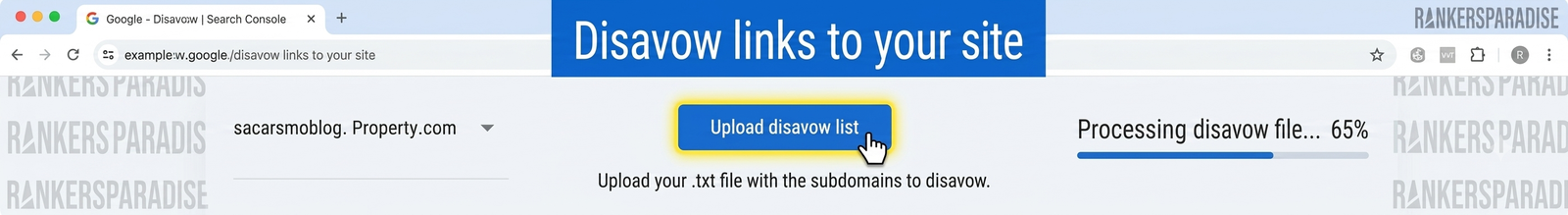 how to upload disavow file in google search console highlighting the disavow button