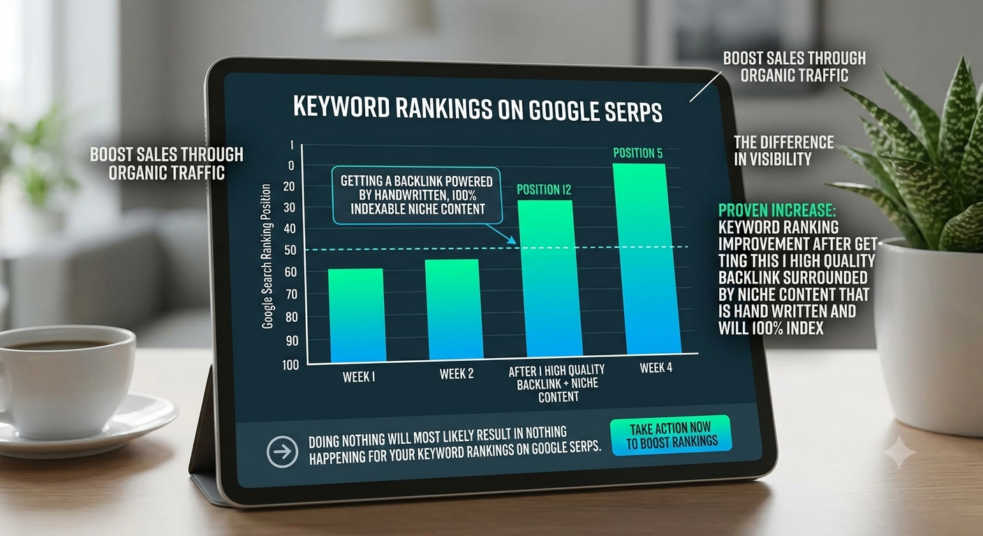 Graph showing Google search keyword ranking improvements after securing 1 high quality dofollow backlink surrounded by handwritten niche content.