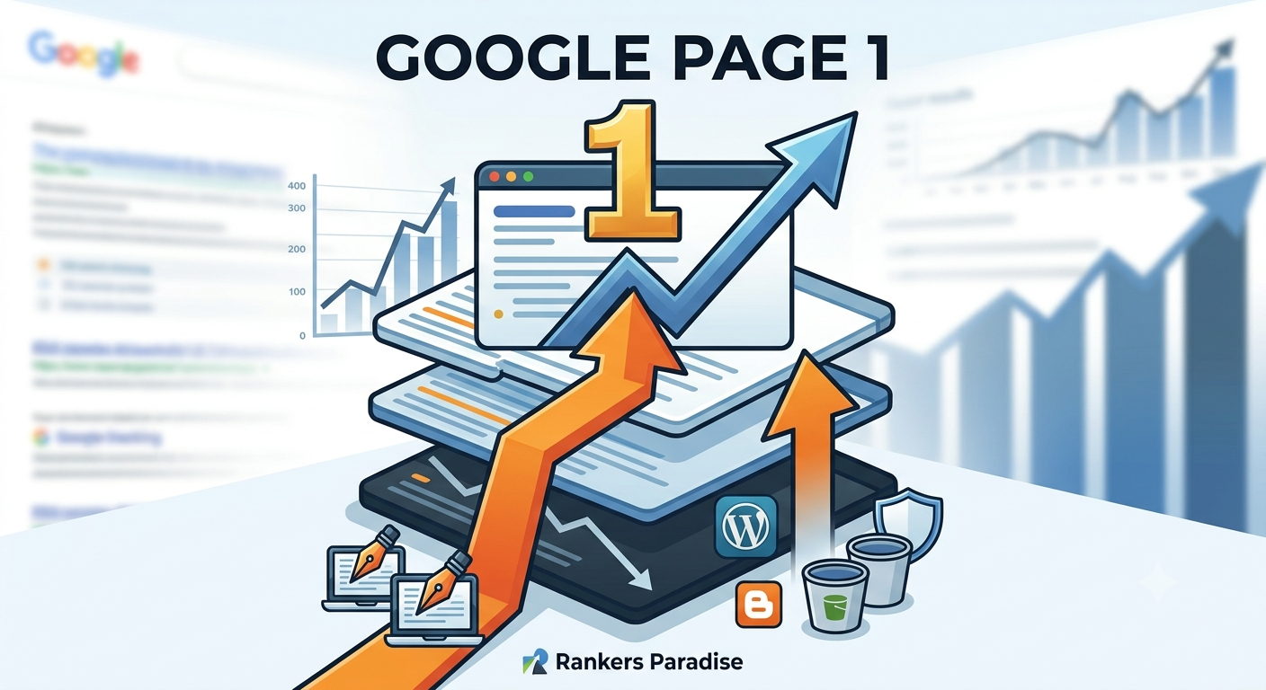 Rankers Paradise infographic showing Web 2.0 and Cloud links lifting a result to Google Page 1, position 1.