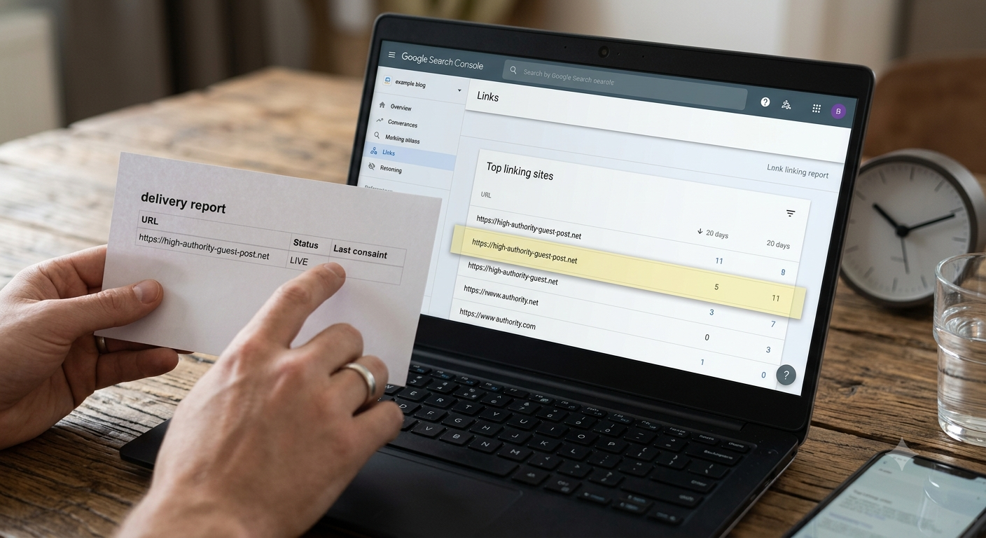 Macro photo of a hand matching a 'LIVE' URL on a printed delivery report to the corresponding listing inside the Google Search Console 'Links' report.