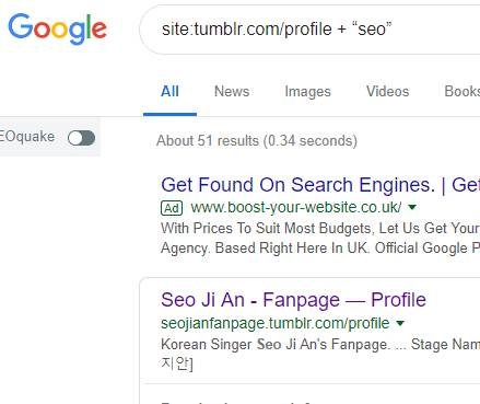 A Google search bar displaying an advanced search string footprint for finding Tumblr web 2.0 profiles