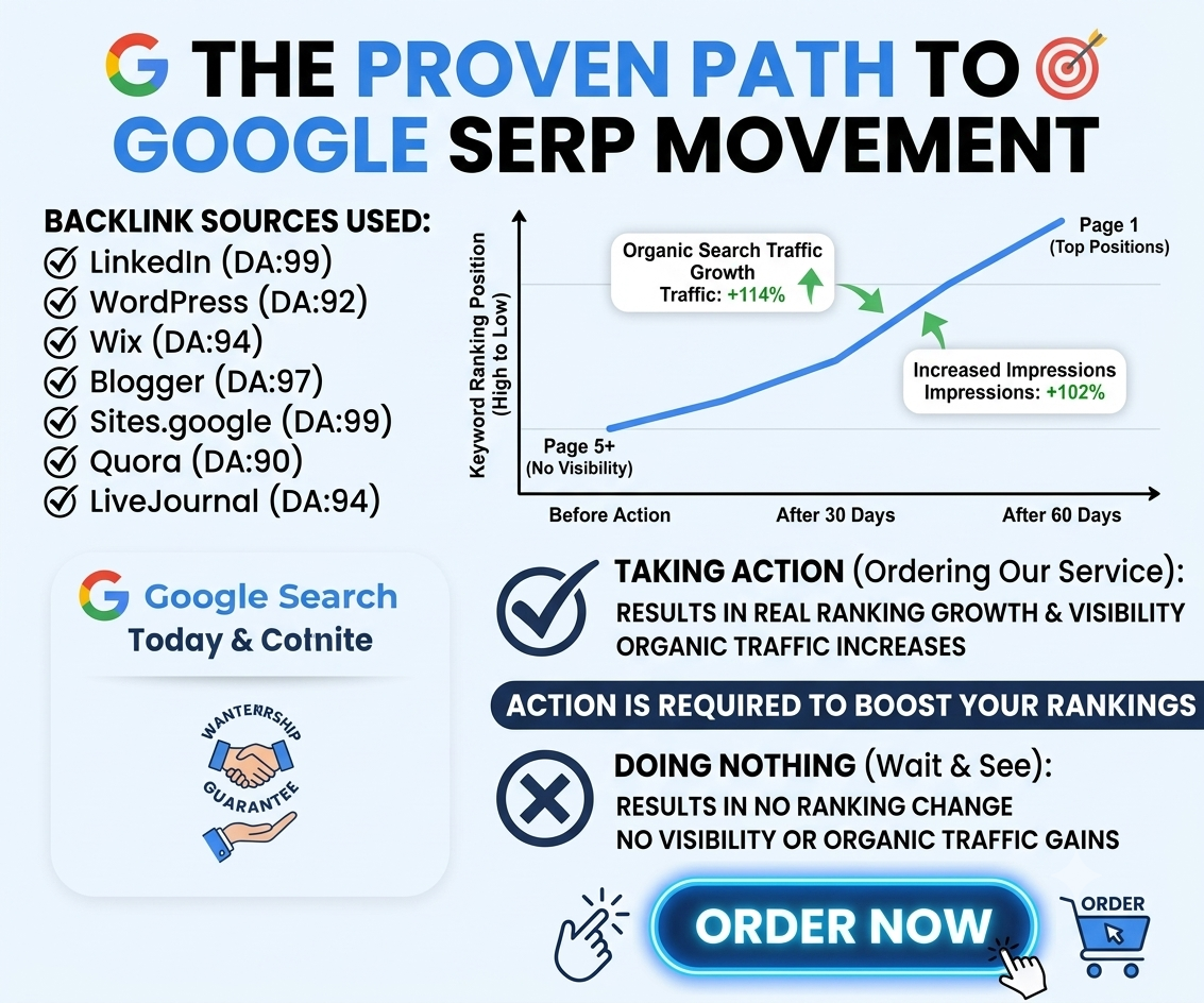 Infographic illustrating guaranteed Google SERP movement, organic traffic growth, and high-authority backlink sources like LinkedIn, WordPress, and Quora.