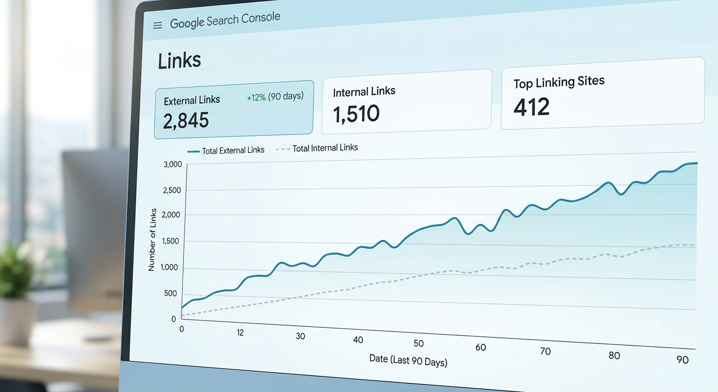 A simulated Google Search Console Links report dashboard. A prominent yellow glow highlights the long historical trend line on the graph, visually emphasizing how many weeks or months the data delay can last.