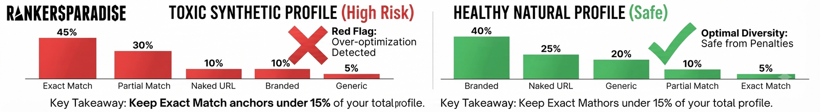 A data visualization chart contrasting a high-risk synthetic backlink profile against a safe, healthy, natural anchor text distribution for SEO audits