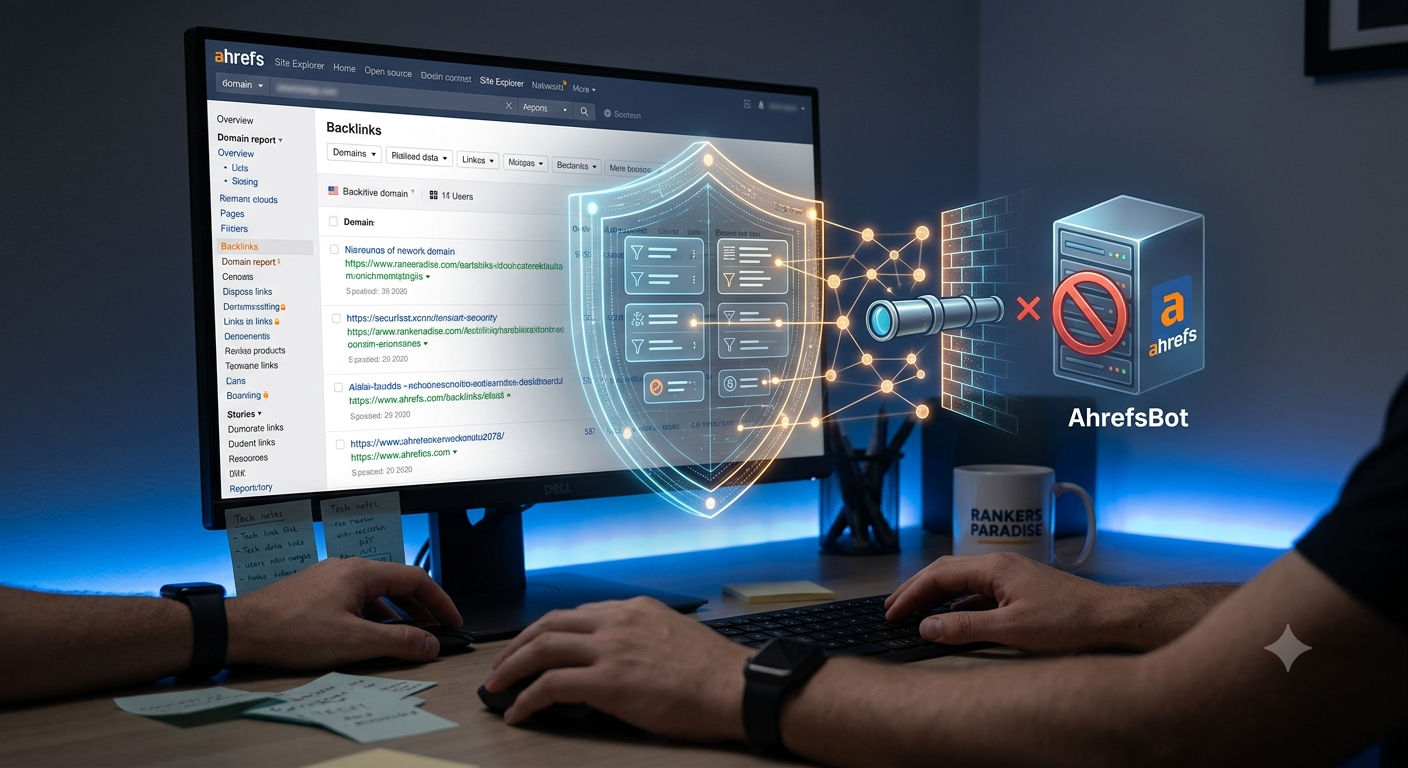 A close-up shot showing a hand on a mouse, an Ahrefs 'Backlinks' dashboard on a screen, and a glowing digital shield overlay with a 'No Entry' sign blocking a spyglass icon labeled AhrefsBot.