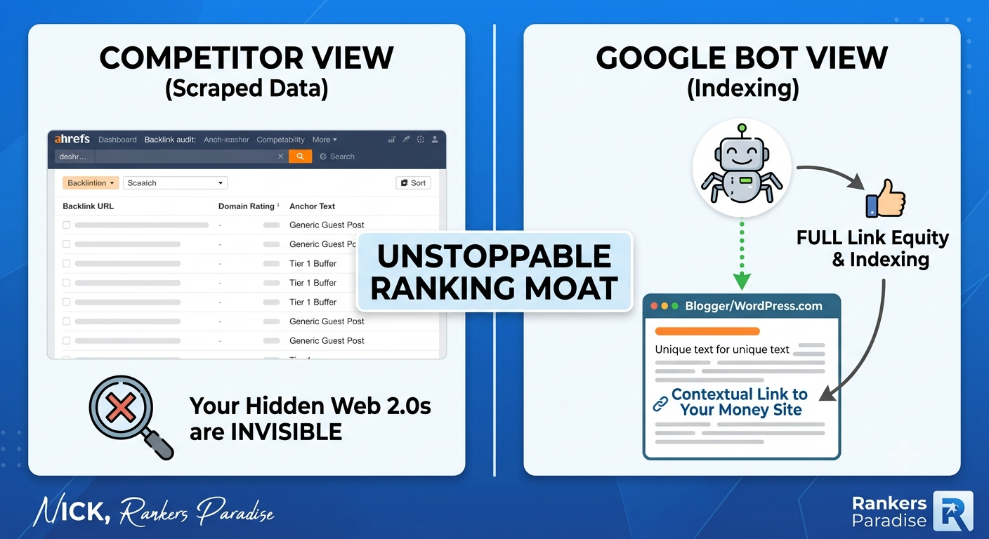 Infographic explaining how to hide Web 2.0 backlinks from competitor analysis tools while letting Googlebot index the link.