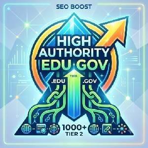 A square infographic showing a 2-tier link-building strategy, linking .edu and .gov domains to a central upward arrow, indicating "HIGH AUTHORITY."