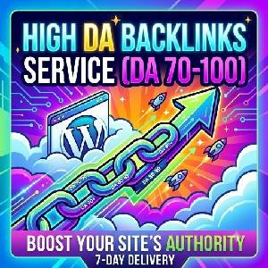 High DA Backlinks Service graphic showing a vibrant chain and rising growth arrow for DA 70-100 link building.