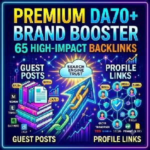 Premium DA70 plus Brand Booster package showing 65 backlinks from a high DA link building service