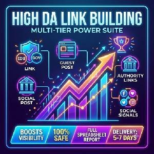 Graphic for High DA Link Building Service featuring icons for EDU, GOV, Guest Posts, and Social Signals.