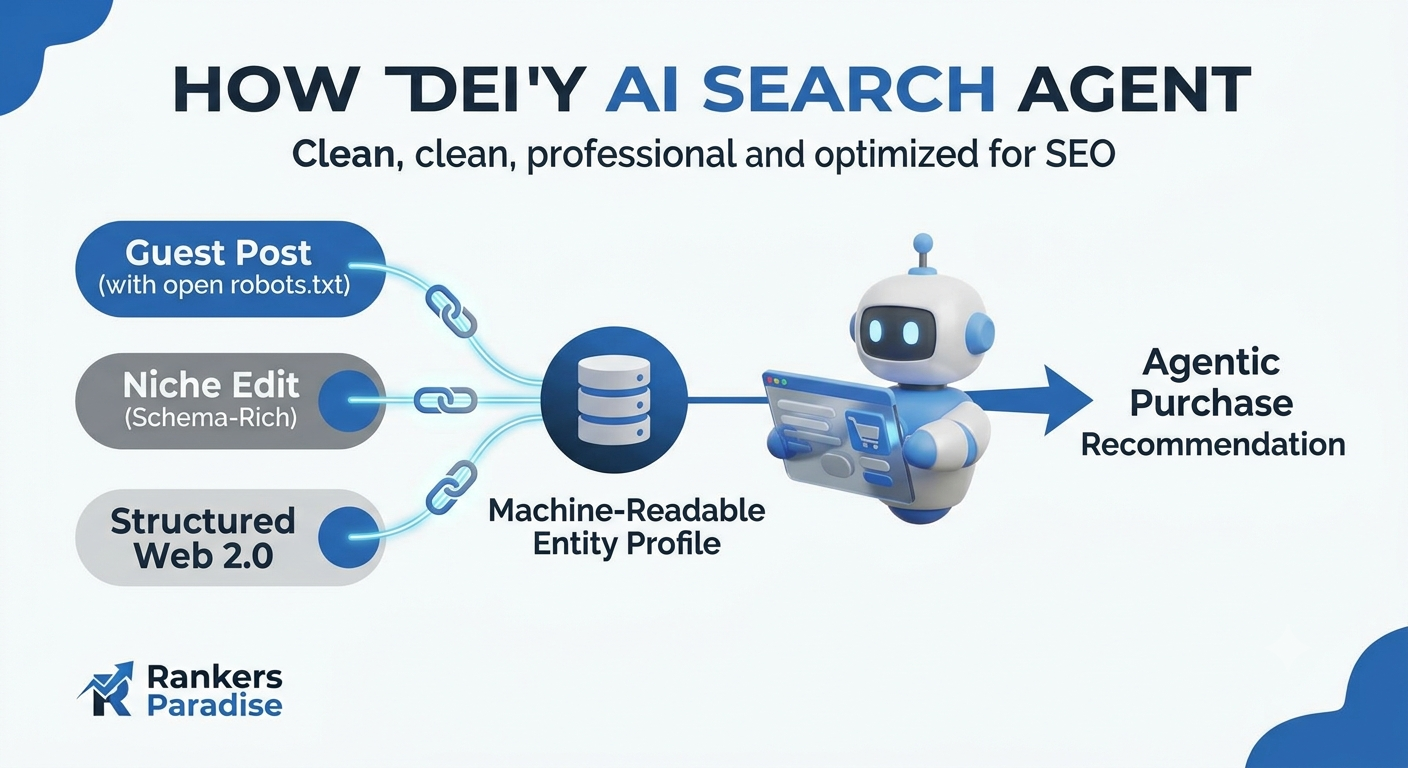 An infographic showing an AI Search Agent evaluating different types of bought backlinks to make a purchase recommendation.
