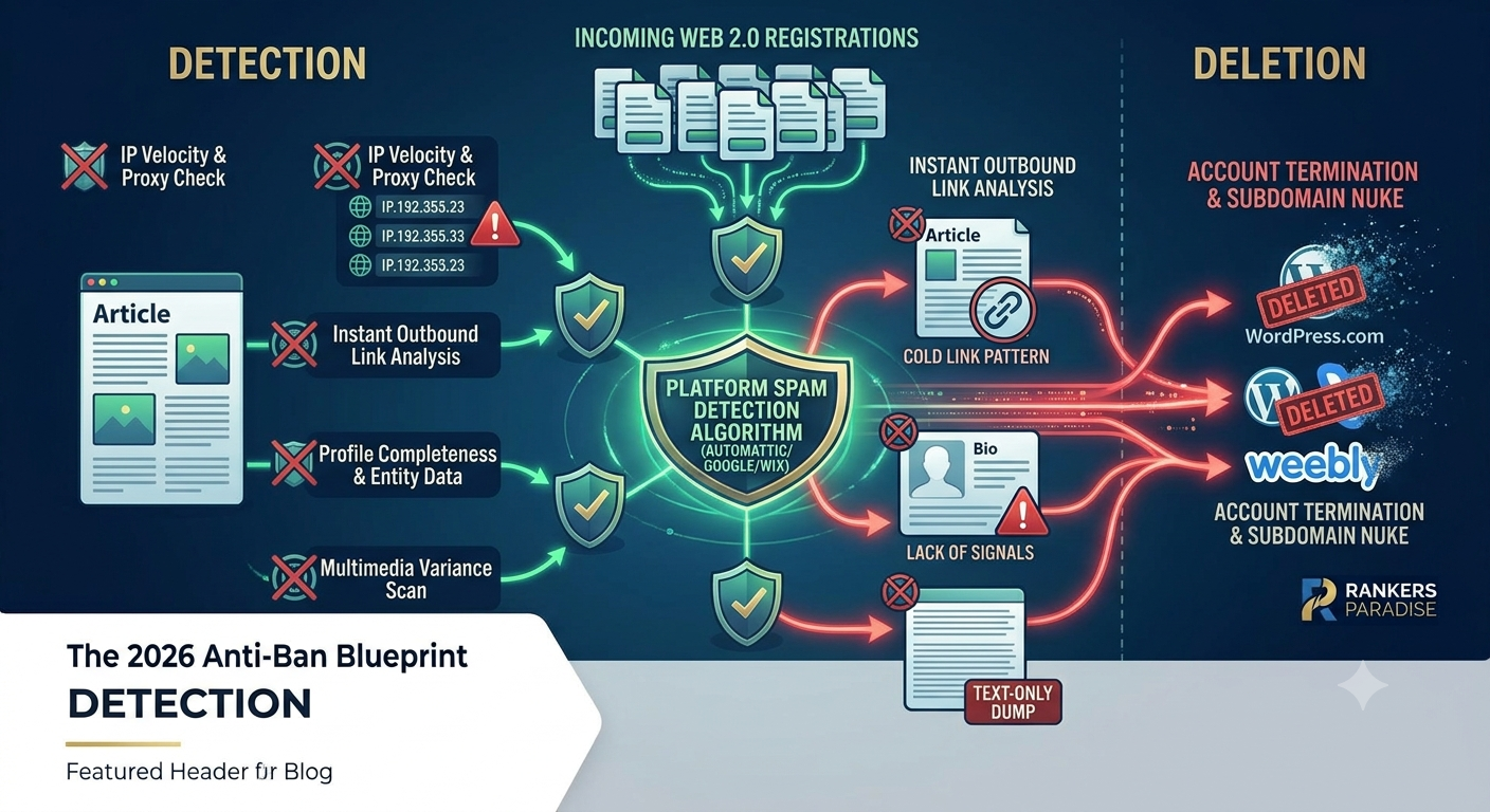 Diagram illustrating the process flow of automated platform security systems nuking free blogs that trigger footprints.