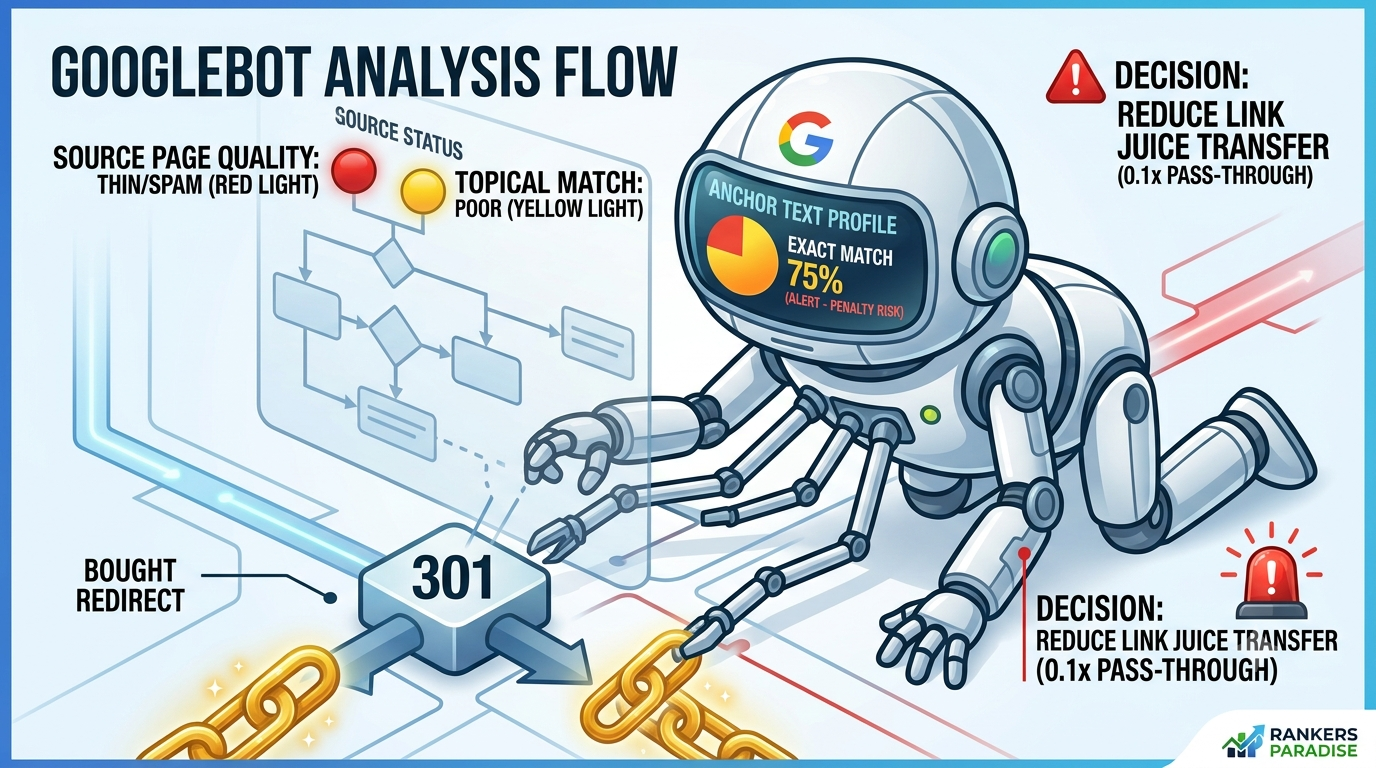 Googlebot analyzing a 301 redirect source page quality and relevance