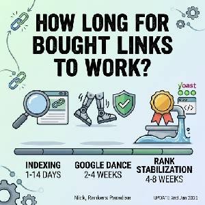 A square 300x300 illustrative featured image explaining the timeline of bought backlinks from indexing to stabilization for SEO. Includes compact icons for indexing (1-14 days), google dance (2-4 weeks), and ranking with gold medal (4-8 weeks) from Rankers Paradise.
