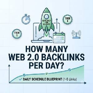 A square SEO featured graphic asking 'How Many Web 2.0 Backlinks Per Day?' and displaying a safe daily schedule blueprint (1-5 links), using professional icons derived from structured link-building data.