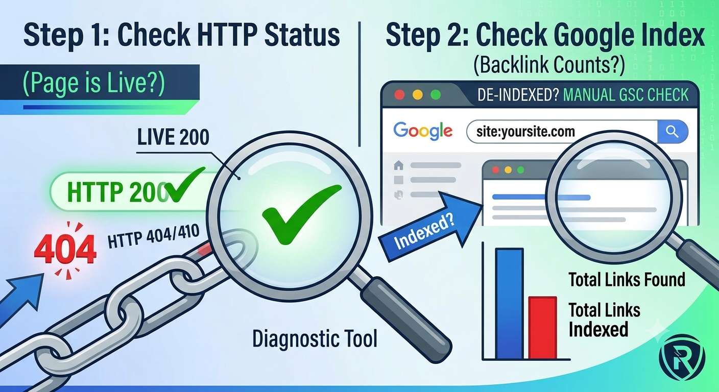 A technical SEO infographic for Rankers Paradise showing the two steps to audit dropped backlinks: HTTP header check and manual Google index search.